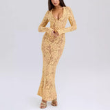Women's New Deep V Long-Sleeved Netted Hollow Fishtail