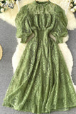 Women Lace Dress Spring Autumn Stand Collar Puff Sleeve High Waist Party Robe Female Elegant Green/Purple Midi