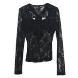 Real Shot Design Lace Ribbon Hollow Long Sleeve Top Sexy Slimming Bottom T-Shirt
