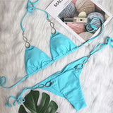 Zingj 2023 New Sexy Metal Accessories Rhinestone Women's Split Swimsuit Plain Strap