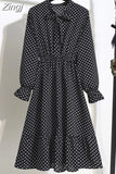 Floral Print Women Dress Female Autumn Long Sleeve Vintage Chiffon Bow Tie Neck Office Lady Shirt Dress Summer