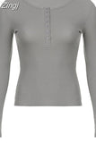 Retro Knitted Y2K Basic Autumn T-shirts Women Long Sleeve Buttons Up Fairycore Sweat Tee Chic 90s Top Outfits