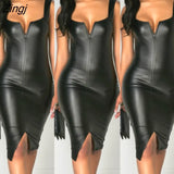 Summer Women Sleeveless PU Leather Clubwear Ladies Bodycon Slim Zipper V-Neck Skinny Short Mini
