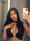 Sexy Hollow 2 Piece Sets Women Metal Decorative Sleeveless Chic Tank Tops+Irregular Hip Skirts Female Party