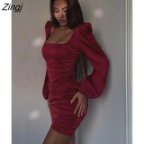 New Satin Puff-Sleeve Ruched Dress For Women Solid Square Collar Sexy Dresses Ladies Streetwear Backless Zip