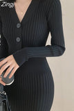 Knitted Sweater Long Sleeve Dresses Women Slim Bodycon Korean Elegant Fall Winter Button V Neck Sweater Midi Woman