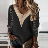Women Tops Elegant Long Sleeve Blouse Spring V-neck Stitching Hollow Out Lace Chiffon Shirt Casual Loose Clothes Blusas