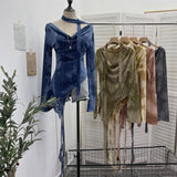 Shot A Word Shoulder Collar Long Sleeve Broken Hole Knitted Shirt Shirt Slightly Through The Hollow Irregular Ribbon T-Shirt Girl
