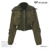 New Personality Casual Three-Dimensional Zipper Pocket Big Collar Baseball Uniform Coat Female