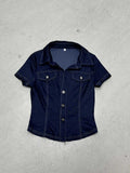 Style Personality Hottie Work Clothes Imitation Denim Shirt V-Word Collar Three Buckle Cardigan Casual