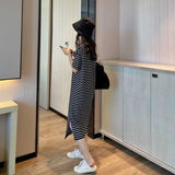 Sleeve Dress Women Hot Sale S-3XL Leisure Cozy Simple Basic Striped Preppy Style Clothing Students Midi Sundress Chic