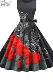 Women Elegant Floral Print Midi Dress Summer Vintage Casual Sleeveless High Waist Party Sundress With Belt