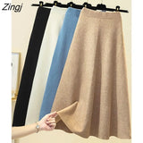 Knit Long Midi Skirt Women 2022 Winter Warm Korean Fashion Blue Black Elegant High Waist A Line Skirt
