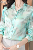 Women's Shirts Fashion Long Sleeve Sweet Printed Clothing Female 2023 Silk Polo Neck Button Up Tops Women Basic Blouse