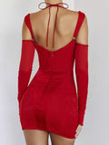 Hollow Out Sexy Party Dress for Women Spaghetti Srtap Long Sleeve Bodycon Mini Dresses Elegant Casual Evening