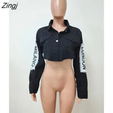 Casaul Women Jeans Color Print Letter Jacket Coat Full Sleeve Streetwear Clothes For Women