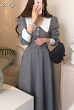 Lace Plaid Chic Puff Sleeve Woman Dresses Women Korean Temperament Office Lady Lapel Robe Slim Waist Long Sleeve