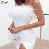 Bodycon Dress Summer Solid Color Feathers Boat Neck Sleeveless Strapless Mini Dress White/Black,