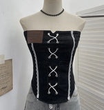 Sexy Water Wash Denim Pocket Spliced Lace Bra Design Without Strap Vest