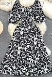Women Printed Long Dress Vintage V-Neck Puff Short Sleeve A-Line Slim Vestidose Female Elegant Casual Robe New