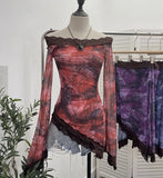 Tie-Dyed Leopard Print Lace Spliced Double-Layer Mesh Shoulder Irregular Loudspeaker Top
