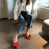 New Spring Slippers Women's Korean-Style Pointed Polka Dot Bow Stiletto Mid-Heel Low Heel Slippers Polka Dot Half