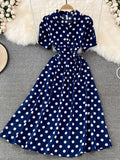 Women Polka Dot Midi Dress Vintage V-Neck Single Breasted Short Sleeve A-Line Vestidos Female Elegant New Fashion