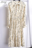 Women Dress Spring Autumn Long Sleeve Floral Print Bow Collar Chiffon Dress Elegant A-line Midi Winter Dress Vestidos Robe