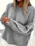 Leisure Pure Color Round Collar Knitted Shirt Wear Rope Design Loose Lanky Long Sleeve Sweater Female