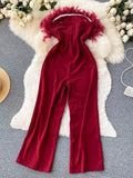 Women Sexy Feather Patchwork Strapless Romper Female Elegant Party Off Shoulder Sleeveless High Waist Blue/Red