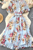 Bohemian Women Floral Print Pleated Midi Dress Elegant Round Neck Puff Sleeve High Waist A-Line Draped Beach Vestidos