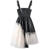 Short Lace Patchwork Pu Leather Dress Women Spaghetti Strap Dress Soft Faux Leather Mini Overall Dresses for Women
