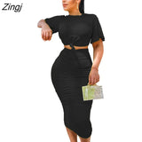 Spring Summer Women Sexy Solid Bodycon Midi Skirt Set Slim Fit Outfits Crop Tops 2 Two Piece Matching Set
