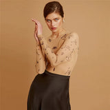 Zingj 2024 Summer New Women's Round Collar Long Sleeve Fashion Mesh Perspective Sexy Slim Onesie