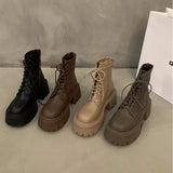 Zingj Boots Women's Shoes British Wind In 2023 Fall New Short Boots Versatile Thick Sole Spring And Autumn Web Celebrity Single Boots Khaki-Outfit