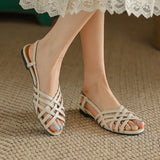 2025 Rome Braided Sandals Women Retro Wind Flat White Low-Heeled Hollow Fish Mouth Solid Color Hole