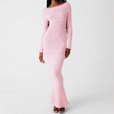 Women's Dress Sexy Hollow Bare Back Wool Dress Long Sleeve Cover Round Pink Long