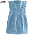 Women Fashion Off Shoulder Strapless Slim Short Denim Mini Shirt Dress Ladies Side Zipper Casual Party Vestidos