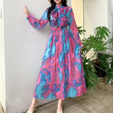 Retro Elegant Dress Women's Summer New Sweet Wooden Ear Splicing Long Sleeves Waist-Print