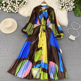 Sense Of Light Luxury Temperament Lantern Long Sleeve Round Neckt Thin Single Buckle Print Dress Elegant Long