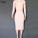 Women Knitted Long Dress Ribbed Elegant Midi Bodycon Sweater Dress Official Ladies Bandage Pleated Dresses