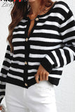Women's Knitted Cardigan with Buttons Up Slim Short Soft Casual Coat V Neck Balck Striped Print Warm Cardigan Female