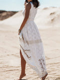 Dress Women Summer Sleeveless Dress Female Solid Lace V Neck Sundress Ladies Hollow Out Beach Dress Vestidos De