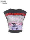 Letter Print Crop Tops Women Sleeveless Casual 2023 Hipster Side Split Tanks Female Summer Trendy Streetwear