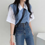 Zingj Summer Polo Lapel Fake Two College Wind Contrast Color Short-Sleeved T-Shirt Women's Loose Casual Versatile Top