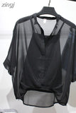 Two Piece Set Leopard Chiffon Shirts Summer Half Sleeve Loose V-Neck Women Casual Blouse Sexy Casual Striped Tops