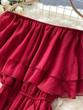 Slash Neck Chiffon Long Dress Women Red/Green/Purple Irregular Ruffle Short Sleeve High Waist Beach Vestidos Female
