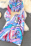 Women Printed Chiffon Two Piece Set Female Turn-Down Collar Single Breasted Blouse + High Waist Pleated Skirt Suit