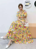 Short-Sleeved Chiffon Print Big Swing 100 Fold Design Dress A-Dress Loose Waist With Inner Lining Dress