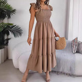 Shooting 2025 Summer Solid Color Square Lead Wood Ear Waist A Word Dress Women's